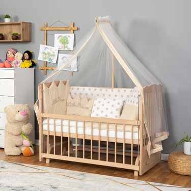 Bamgidoo Mobilya Bamgidoo Ahşap Organik Beşik Anne Yanı Beşik 3 Kademeli Lüx Bebek Beşiği 60 x 120 cm - Krem Prenses fiyatı ve görseli