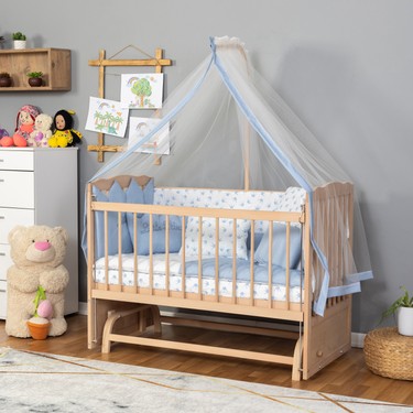 Bamgidoo Mobilya Bamgidoo Ahşap Organik Beşik Anne Yanı Beşik 3 Kademeli Lüx Bebek Beşiği 60 x 120 cm - Mavi Prens fiyatı ve görseli