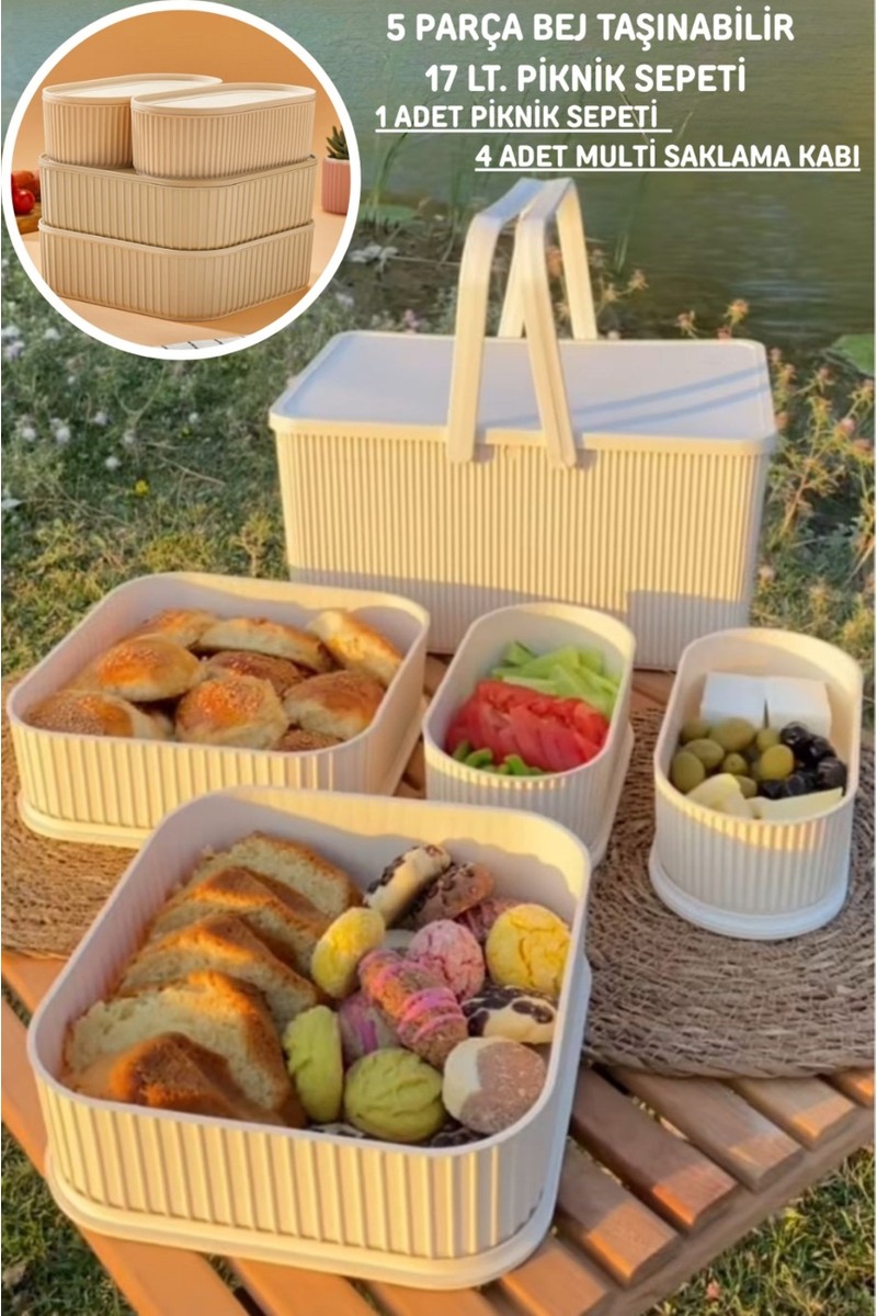 Bayce Home 5 Parça Bej Taşınabilir 17 Lt. Piknik Sepeti ve Saklama Kapları