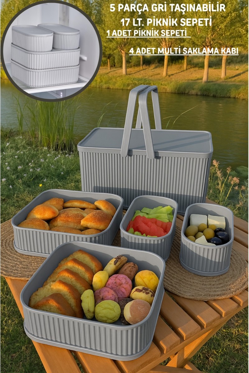 Bayce Home 5 Parça Gri Taşınabilir 17 Lt. Piknik Seti ve Saklama Kapları