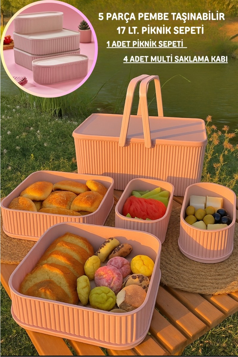 Bayce Home Pembe 5 Parça Piknik Sepeti 17 lt. Dayanıklı Plastik Malzeme ile Pratik Kullanım