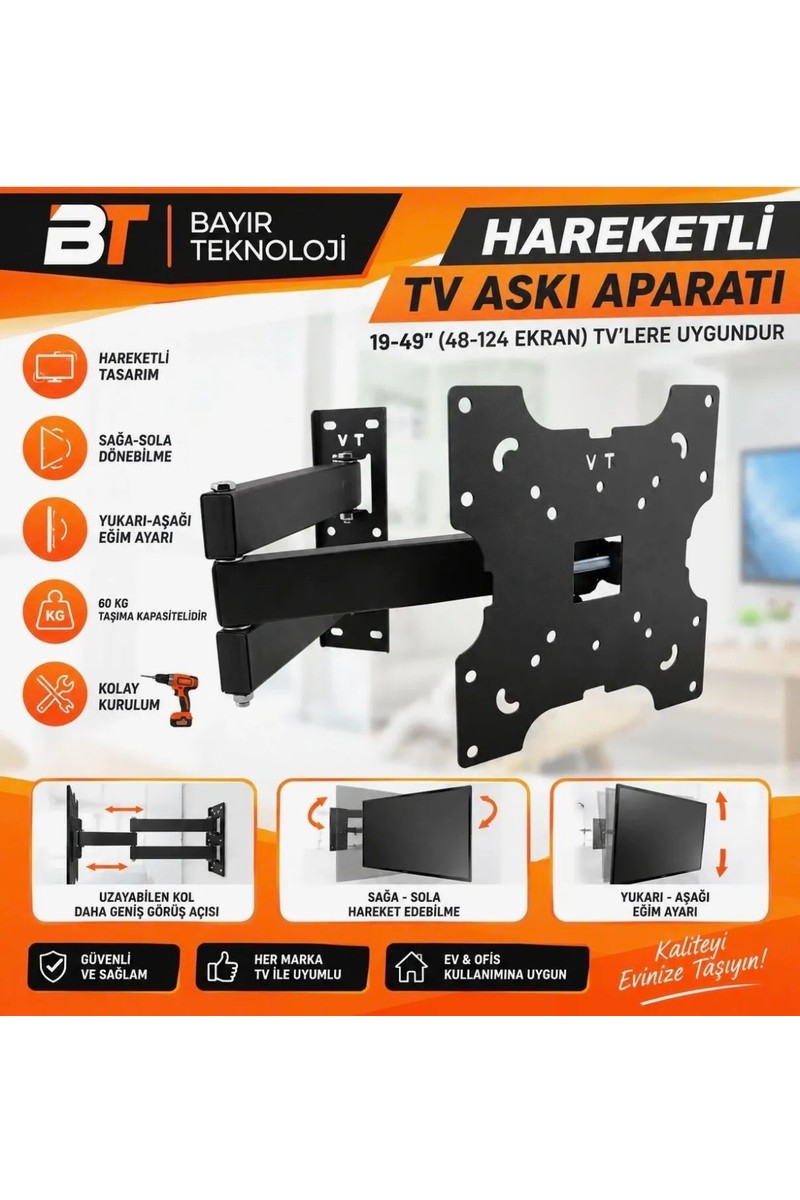 BT Bayır Teknoloji Bayırtech Onvo 19'' - 32'' Inç 48 - 82 cm Hareketli LCD LED Tv Duvar Askı — 3. ürün görseli