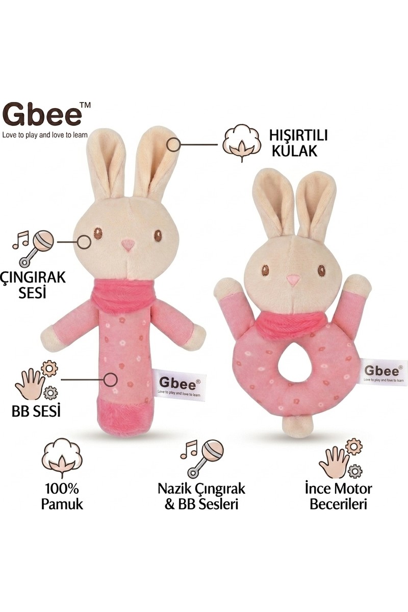 Bbsky Gbee %100 Pamuk Duyusal Gelişim Bebek Çıngırak Oyuncak - Yenidoğan Uyku Arkadaşı Hediyesi - 0 Ay ve Üzeri İçin Uygun - Pembe Tavşan
