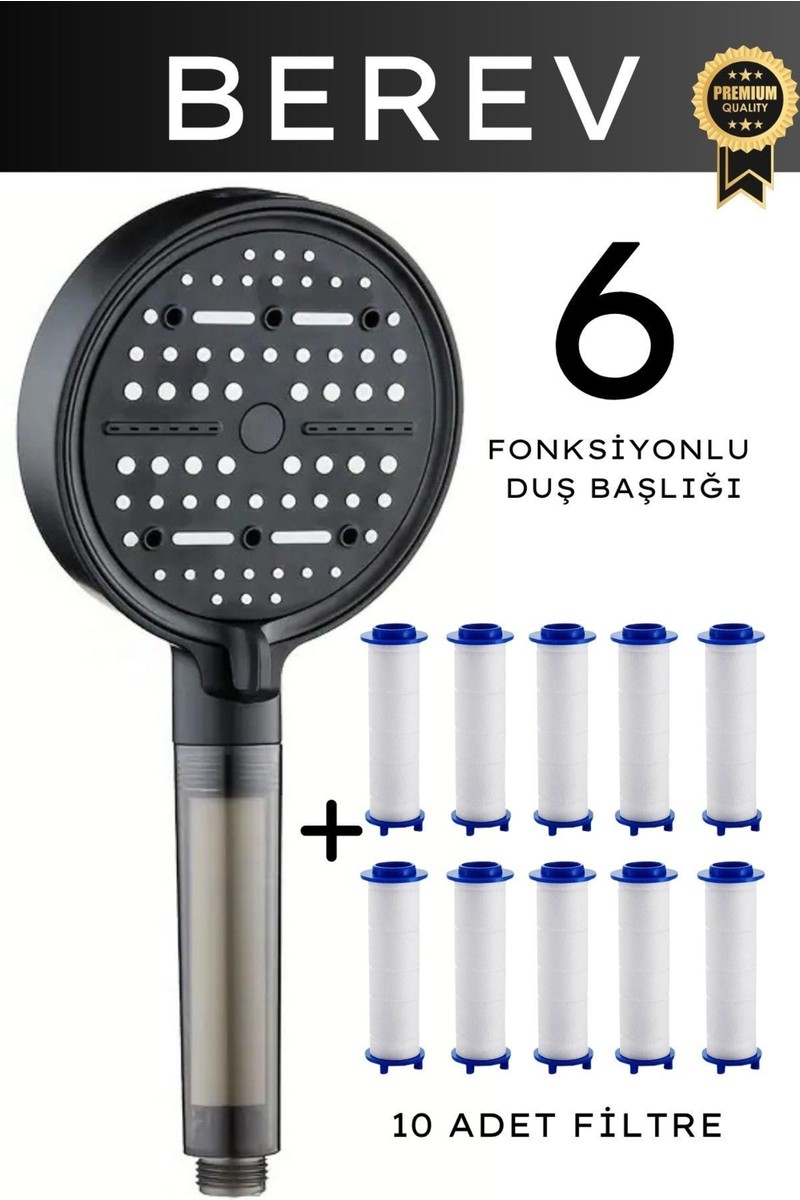 Berev 6 Fonksiyonlu Filtreli Duş Başlığı 10 Adet Yedek Filtre Su Tasarruflu Basınçlı Kireç Klor — 6. ürün görseli