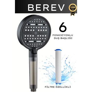 Berev 6 Fonksiyonlu Filtreli Duş Başlığı 3 Adet Yedek Filtre Su Tasarruflu Basınçlı Kireç Klor — 3. ürün görseli