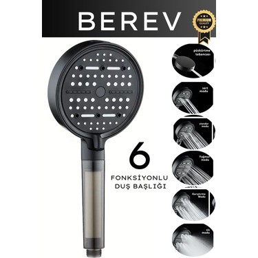 Berev 6 Fonksiyonlu Filtreli Duş Başlığı 3 Adet Yedek Filtre Su Tasarruflu Basınçlı Kireç Klor — 4. ürün görseli