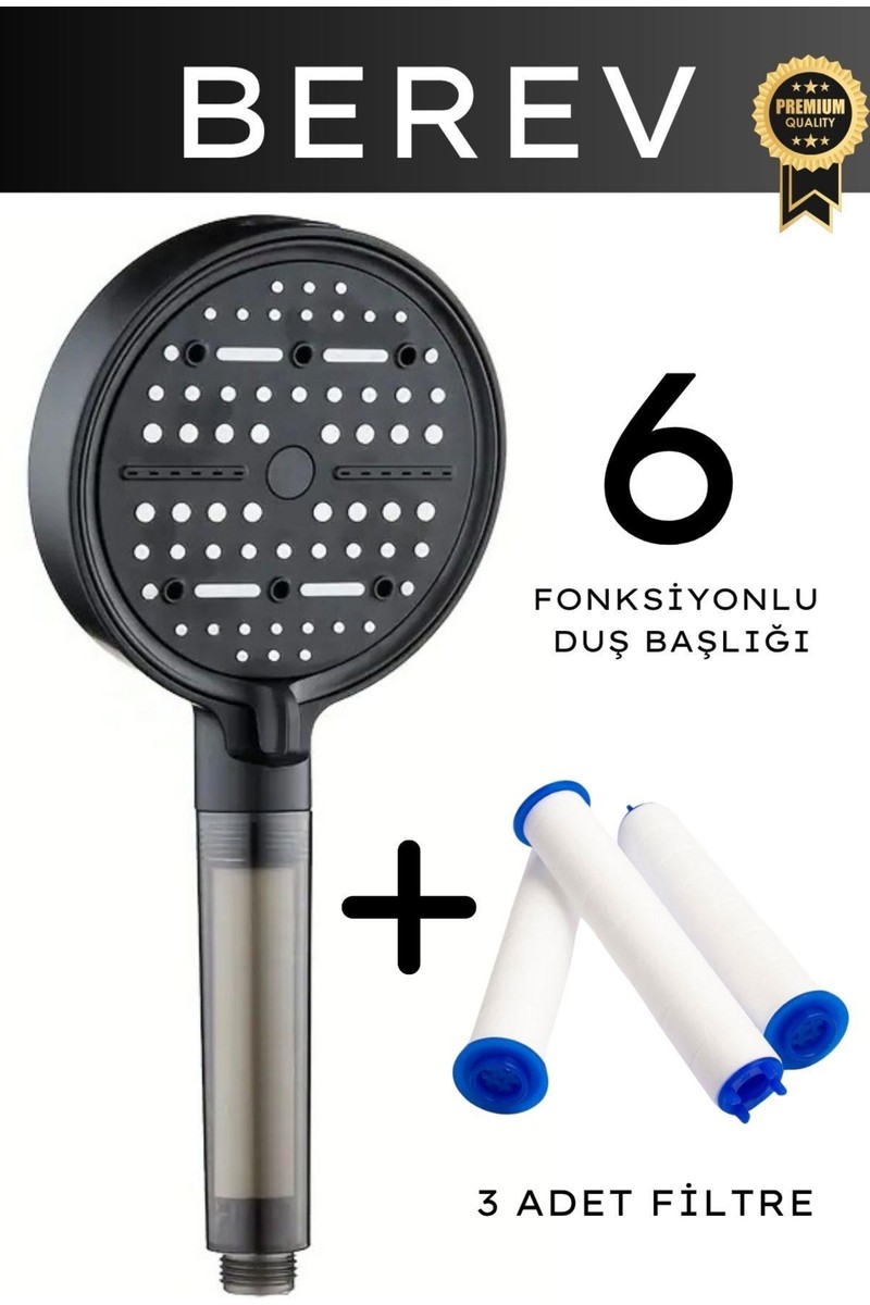 Berev 6 Fonksiyonlu Filtreli Duş Başlığı 3 Adet Yedek Filtre Su Tasarruflu Basınçlı Kireç Klor — 6. ürün görseli