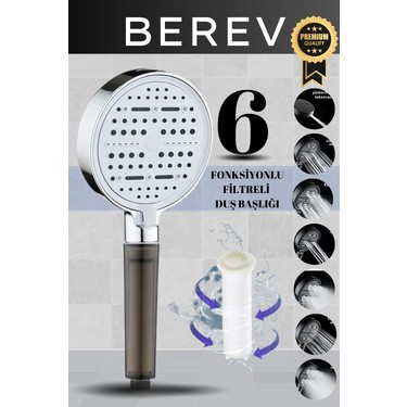 Berev Berev 6 Fonksiyonlu Filtreli Duş Başlığı Krom Renk (10ADET Yedek Filtre)| Su Arıtmalı, Klor ve — 2. ürün görseli