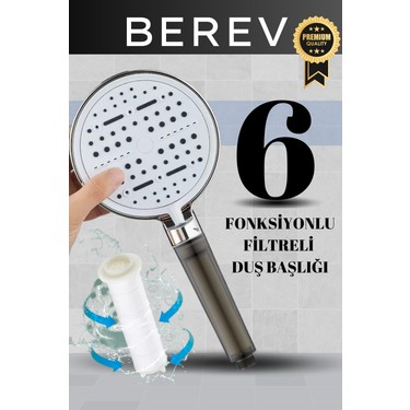 Berev Berev 6 Fonksiyonlu Filtreli Duş Başlığı Krom Renk (10ADET Yedek Filtre)| Su Arıtmalı, Klor ve — 3. ürün görseli