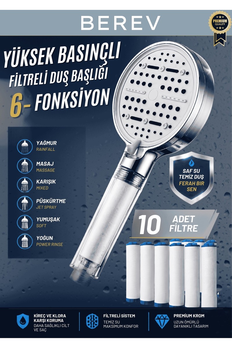 Berev Berev 6 Fonksiyonlu Filtreli Duş Başlığı Krom Renk (10ADET Yedek Filtre)| Su Arıtmalı, Klor ve — 6. ürün görseli