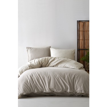 Berolige Berolige Cottage Çizgili Pamuklu Kahverengi Çift Kişilik Nevresim Takımı 200 x 220 cm Bej fiyatı ve görseli