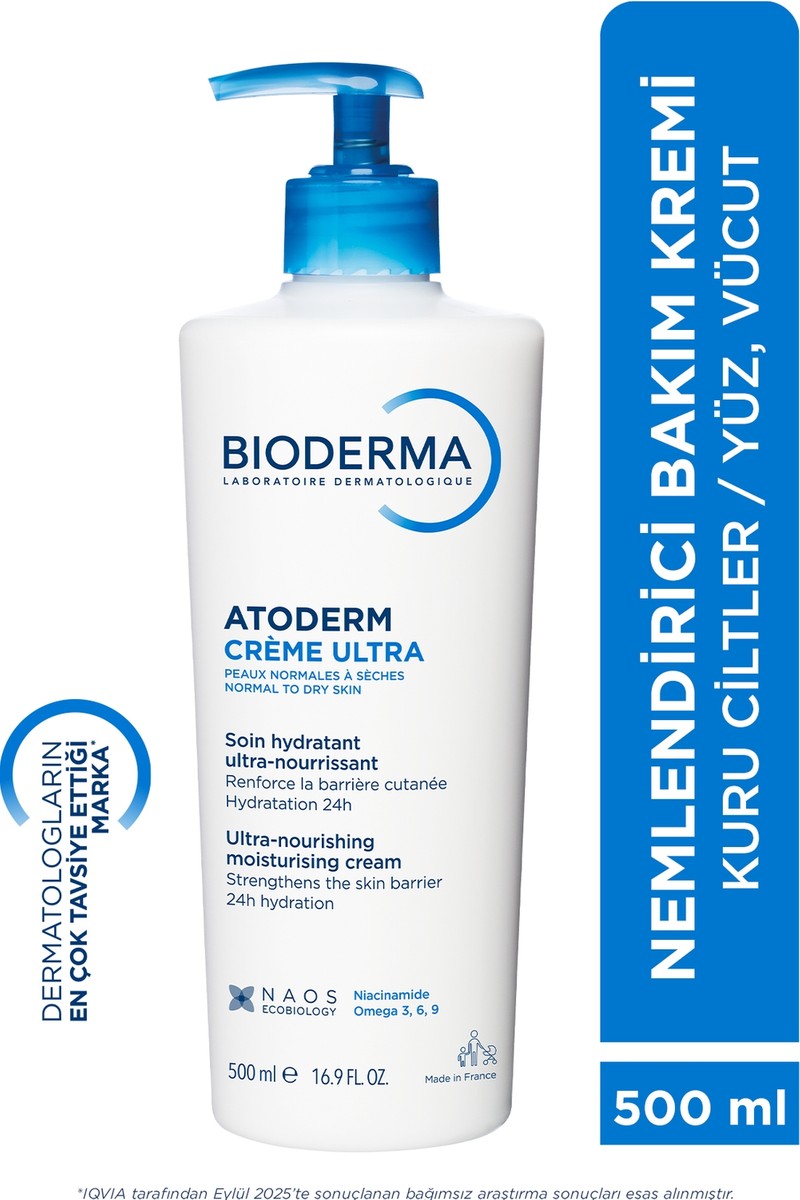 Bioderma Atoderm Ultra Vücut Kremi - 500 ml, Kuru Ciltler İçin Besleyici ve Nemlendirici Formül, Gözenekleri Tıkamayan