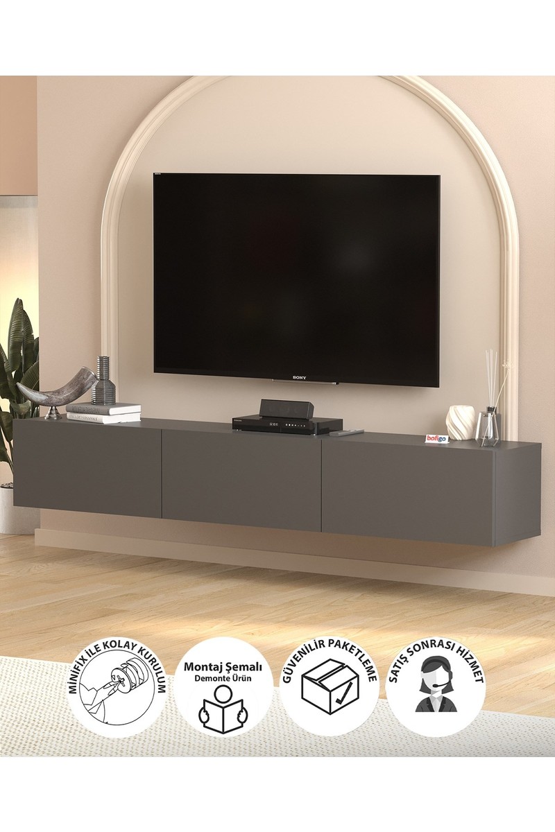 Bofigo Tv Ünitesi Tv Sehpası Düşer Kapaklı Tv Ünitesi Televizyon Sehpası 180 cm Marvel Antrasit