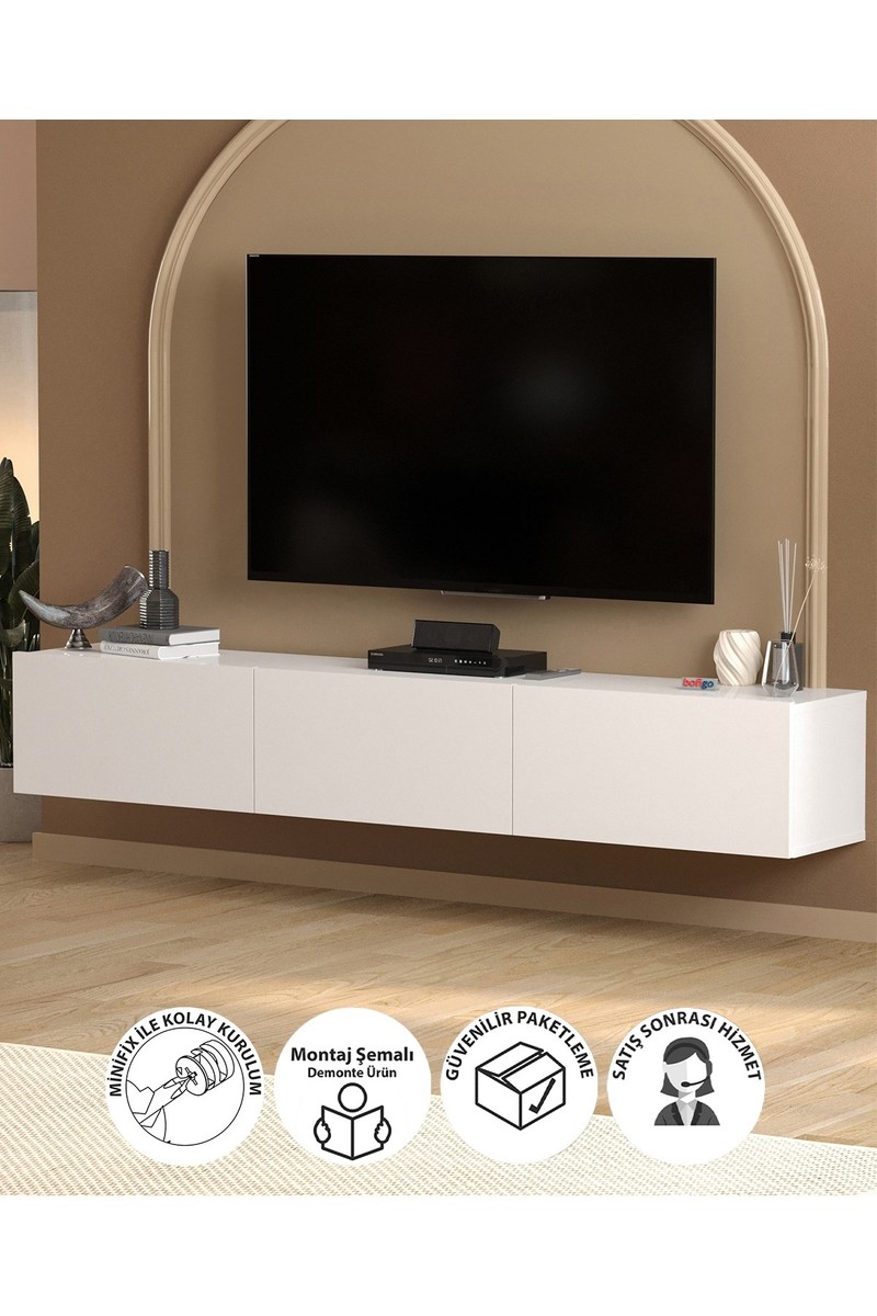 Bofigo Tv Ünitesi Tv Sehpası Düşer Kapaklı Tv Ünitesi Televizyon Sehpası 180 cm Marvel Beyaz