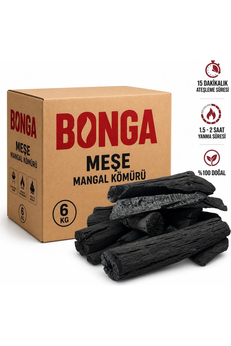 Bonga Meşe Kömürü 6 kg Elleme Mangal Kömürü Doğal Uzun Yanışlı Yüksek Isılı Barbekü Kömürü
