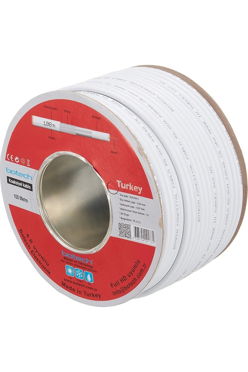 Botech RG6U4 4K UHD Anten Kablosu 100 Metre Dayanıklı Yapı ile Yüksek Çözünürlük Sunar
