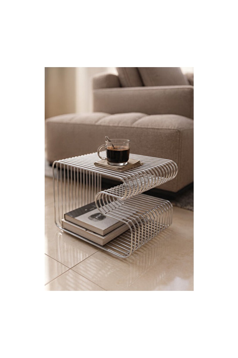Boz Concept Home Paris Gümüş Tel Metal Tasarımlı Modern Paslanmaz Yan Sehpa, Dekoratif Metal Sehpa