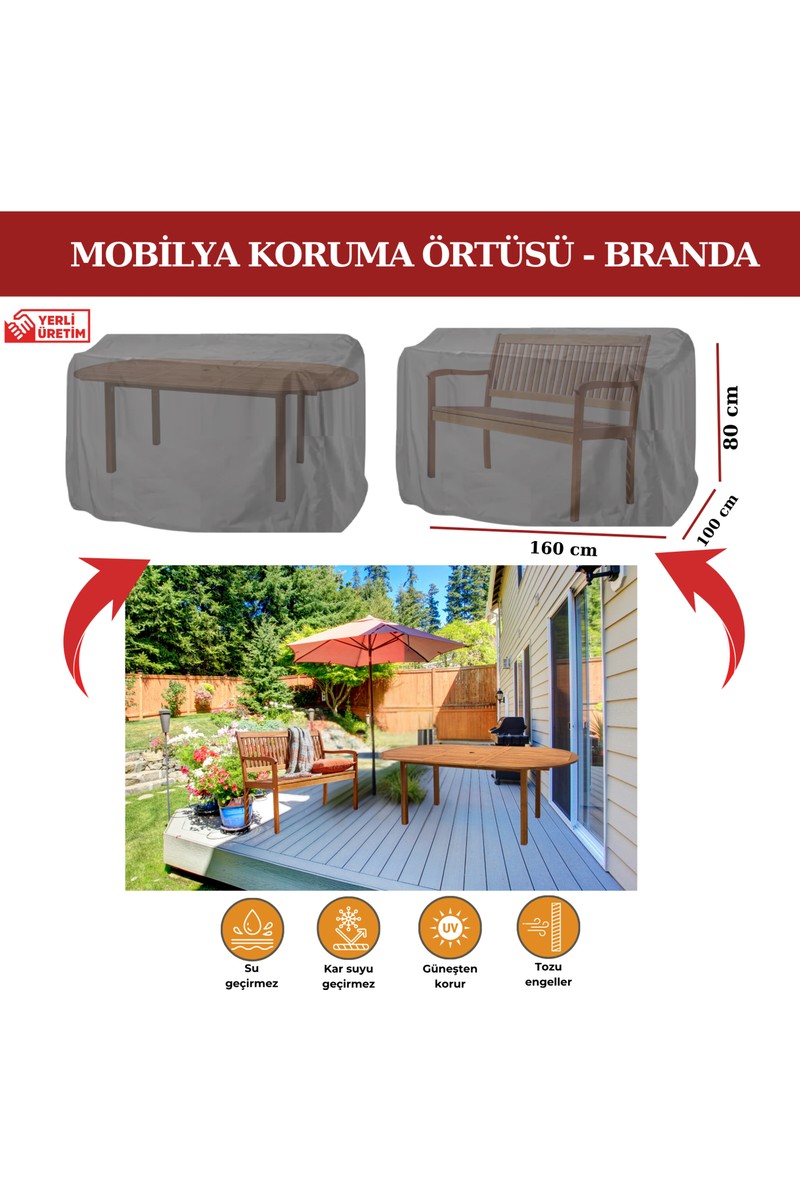 Breen Bahçe Mobilya Koruma Örtüsü Branda 160X100X80 cm - Santimetre, Su Geçirmez, Güneşten Korur