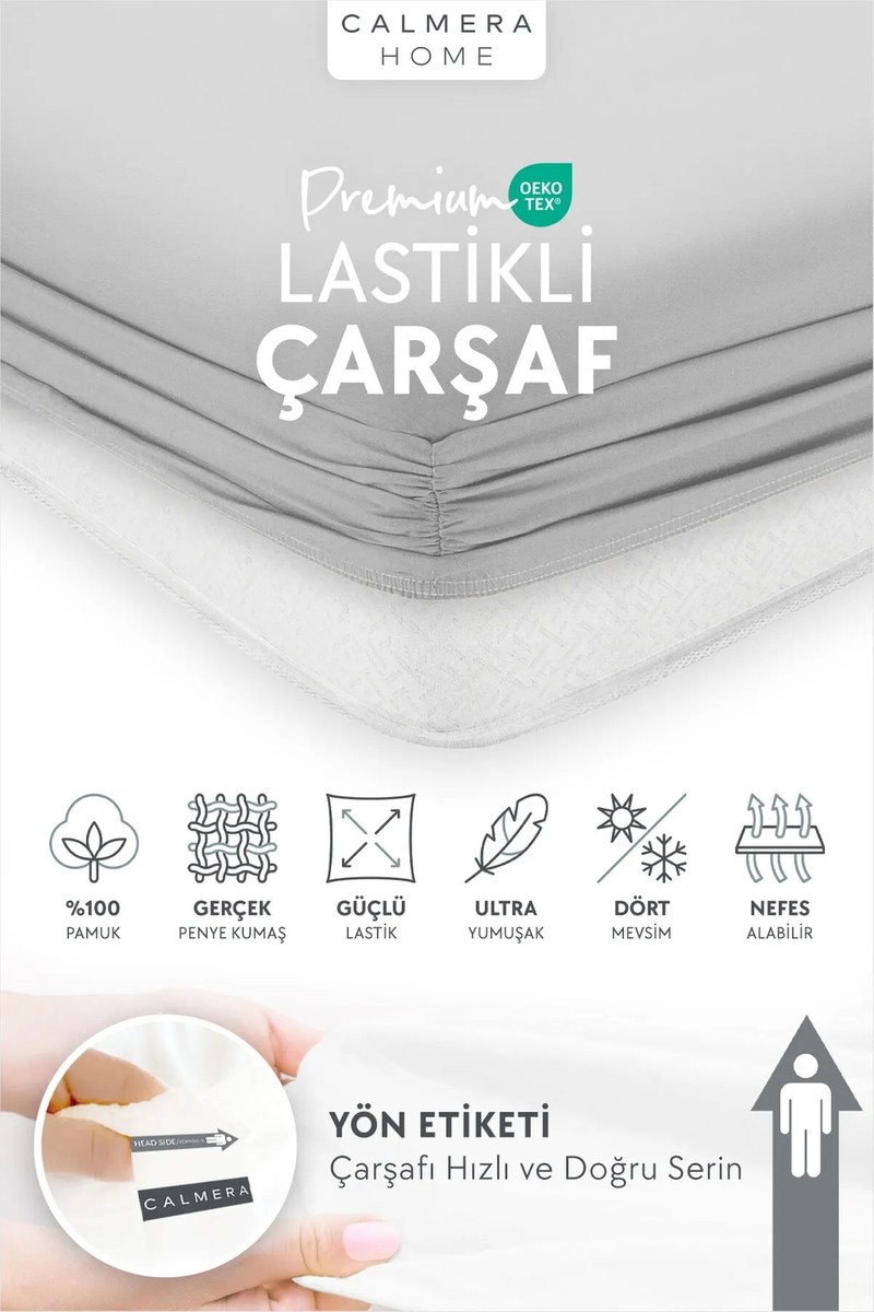Calmera %100 Pamuk Penye Lastikli Çarşaf | Tek Kişilik | Açık Gri - 100 x 200 cm
