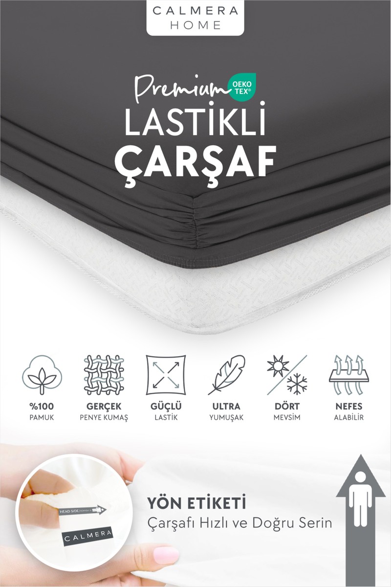 Calmera %100 Pamuk Penye Lastikli Çarşaf | Tek Kişilik | Antrasit - 100 x 200 cm