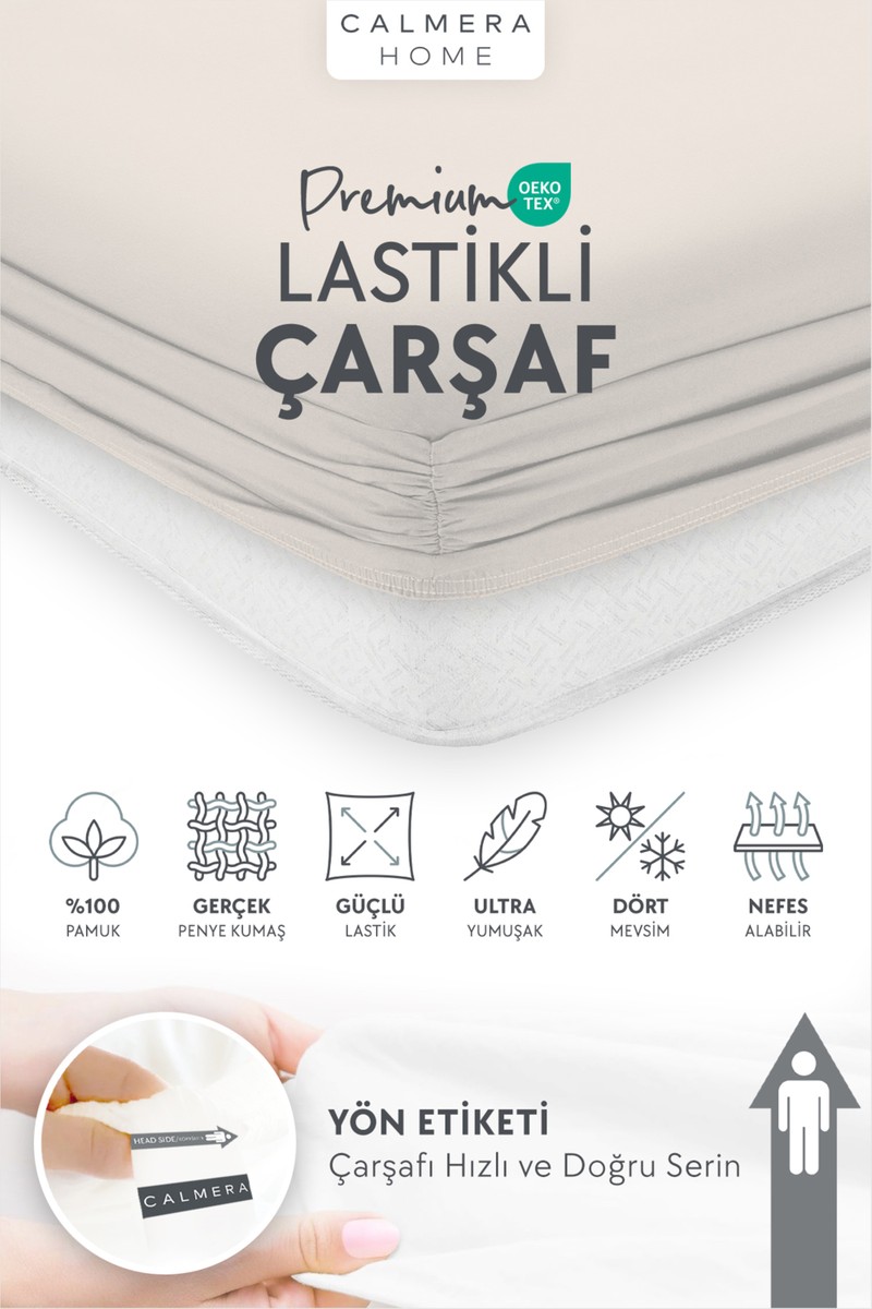 Calmera %100 Pamuk Penye Lastikli Çarşaf | Tek Kişilik | Bej - 100 x 200 cm