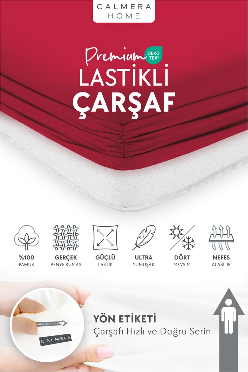 Calmera %100 Pamuk Penye Lastikli Çarşaf | Tek Kişilik | Kırmızı - 90 x 200 cm