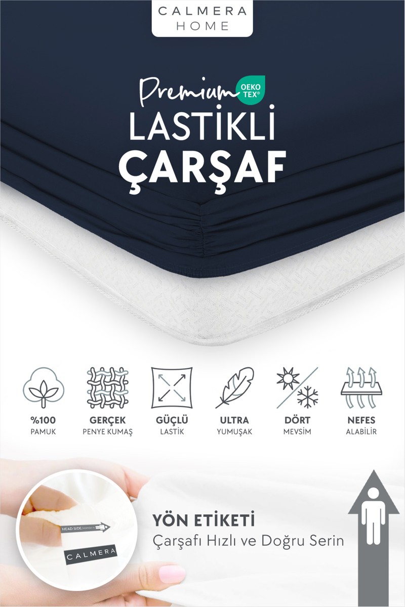 Calmera %100 Pamuk Penye Lastikli Çarşaf | Tek Kişilik | Lacivert - 90 x 200 cm