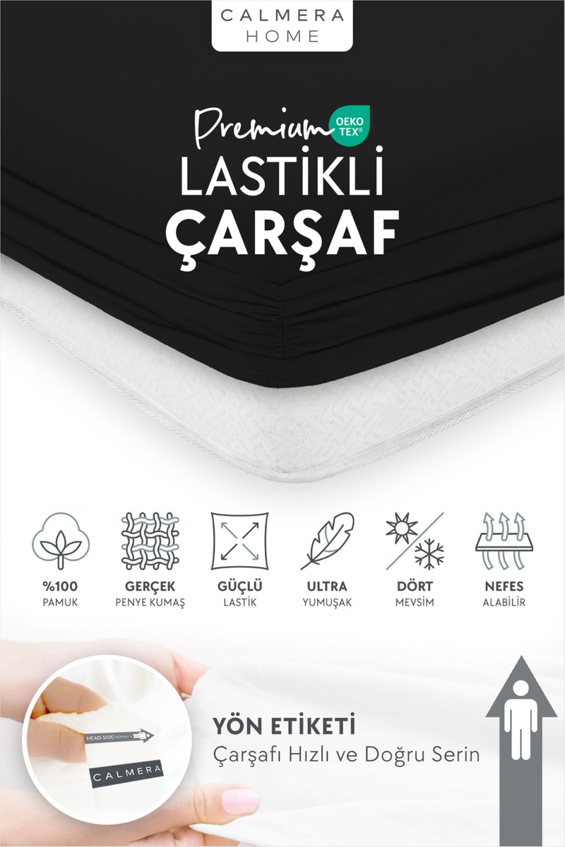 Calmera %100 Pamuk Penye Lastikli Çarşaf | Tek Kişilik | Siyah - 100 x 200 cm