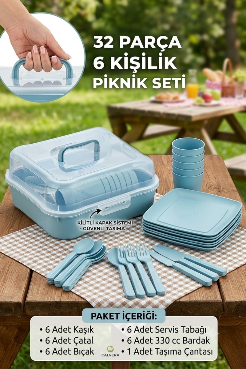 Calvera 32 Parça 6 Kişilik Çantalı Piknik Seti - Kilitli Kapaklı Taşınabilir Piknik Kutusu