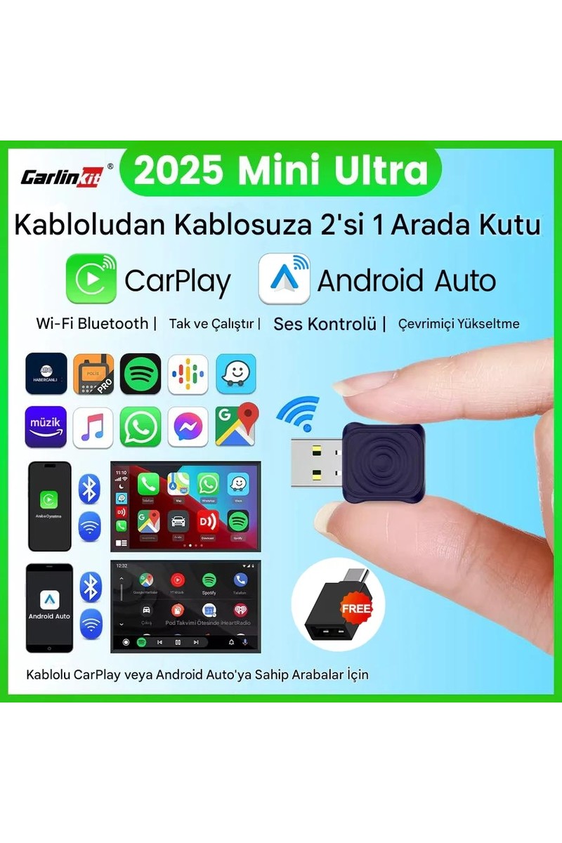 Carlinkit 2025 Mini Ultra 5.0 Kablosuz Carplay & Android Auto Adaptör Tak Çalıştır Dual Wifi Hızlı Bağlantı