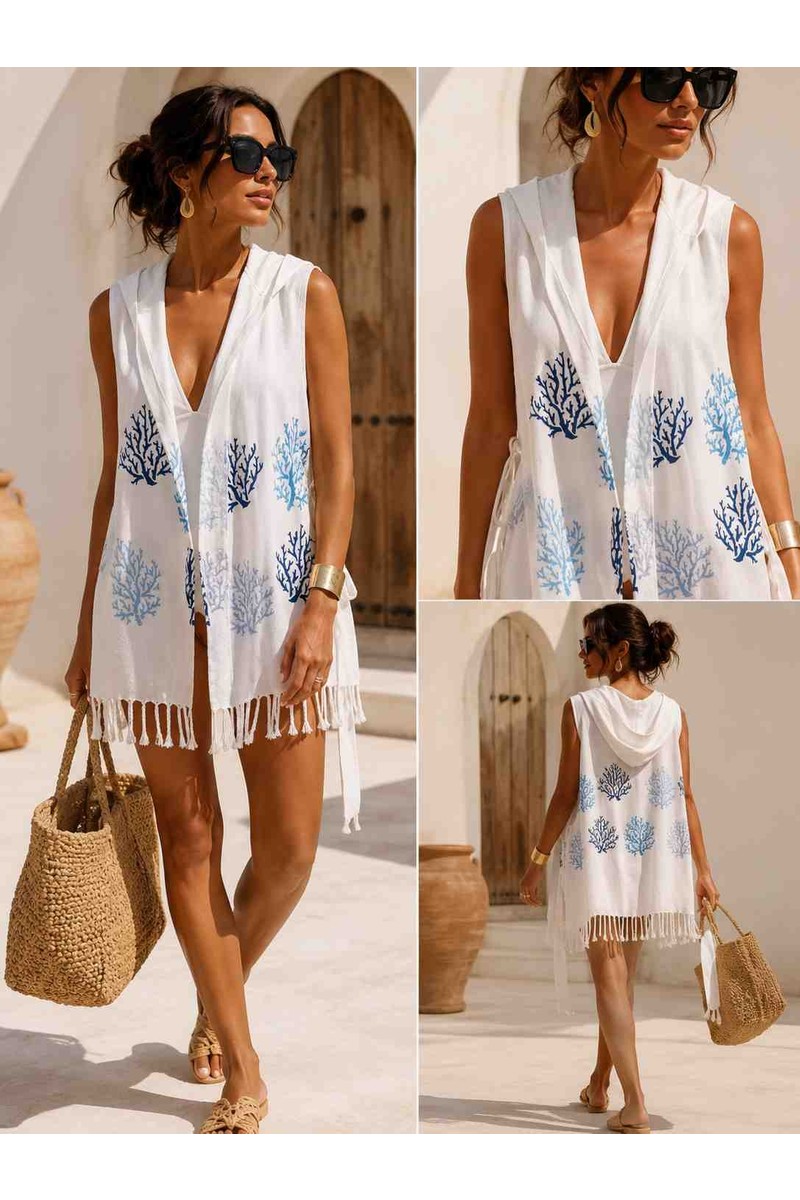 Caspara Caspara Kadın Marin Blue Viskon Plaj Elbisesi I Organik Pamuklu Pareo Kapüşonlu Beachwear Yelek Yazlık — 3. ürün görseli