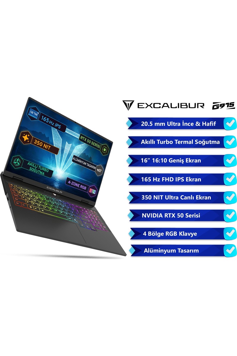 Casper Casper Excalibur G915 Intel Core i7 13620H 32GB 1TB SSD RTX5060 Freedos 16" 165Hz Taşınabilir Bilgisayar G915.1362-DF60X-C — 3. ürün görseli