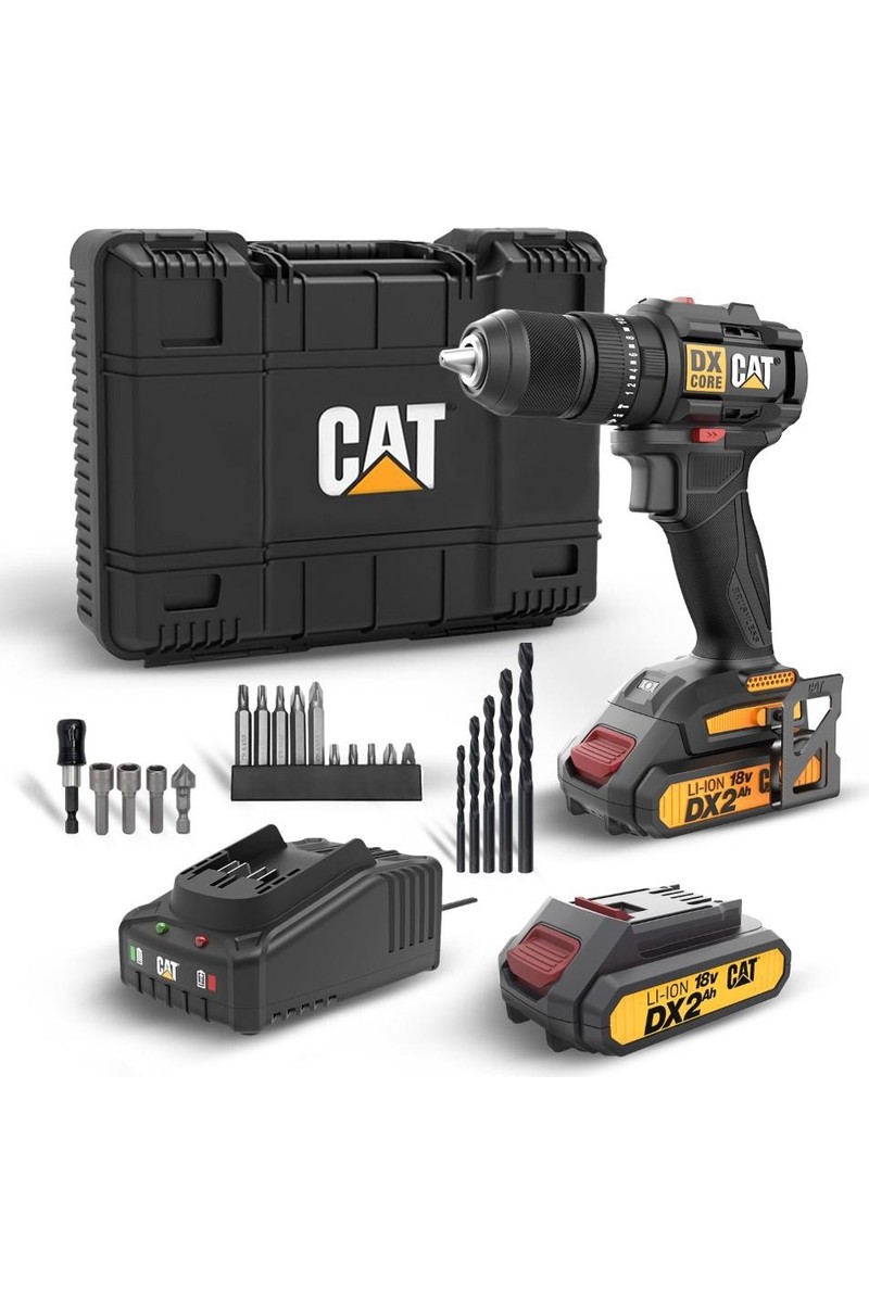 Cat Cat DX1010.1 18VOLT 2.0AH Li-Ion Çift Akülü Kömürsüz Profesyonel Şarjlı Darbeli Matkap + 20 Parça Delme Vidalama Uç Seti fiyatı ve görseli
