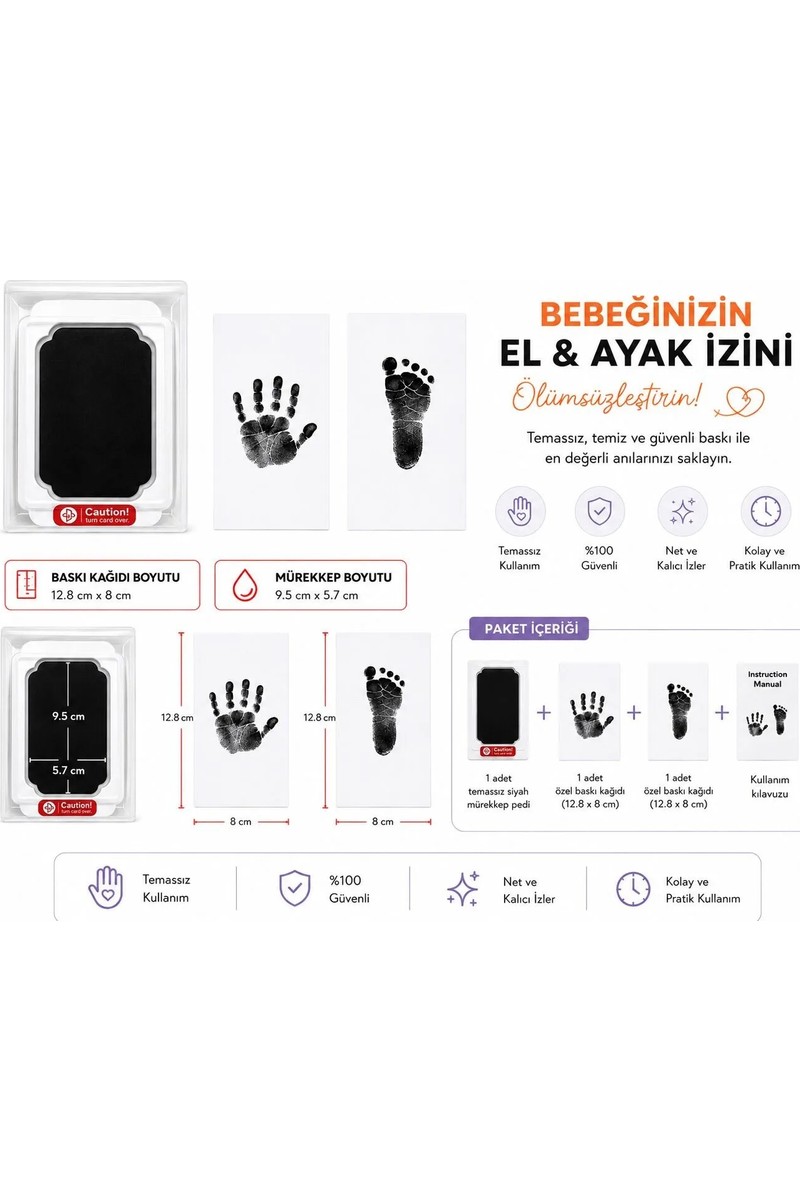 Caution Temassız Mürekkep Baskı Kiti, Bebek El Ayak İzi Seti, Yenidoğan Bebek Anı Kiti, Temiz ve Güvenli Baskı Pedi, 0-6 Ay
