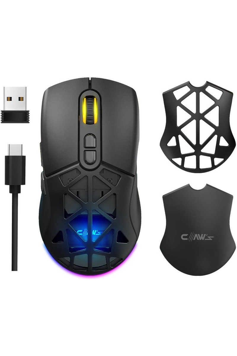 Claw's Nexus Air V1 Kablosuz 10000 Dpi Pixart PMW3325 Sensör Makro Yazılımlı & Değiştirilebilir Kapaklı RGB Kablosuz Gaming Mouse - Siyah (2.4 GHz Kablosuz + BT5.1 + Type-C ile Kullanım Desteği)