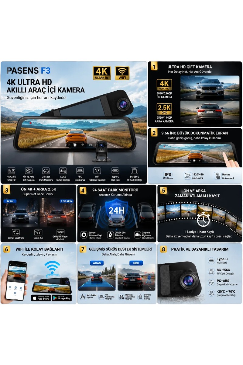 Conio 10 Inç Ayna Araç Kamerası Dash Cam | Çift Kameralı Ultra Hd, Antiparlak Cam, Park Yönlendirimi, Sürekli Döngüsel Kayıt, Hediye Arka Görüş Kamerası