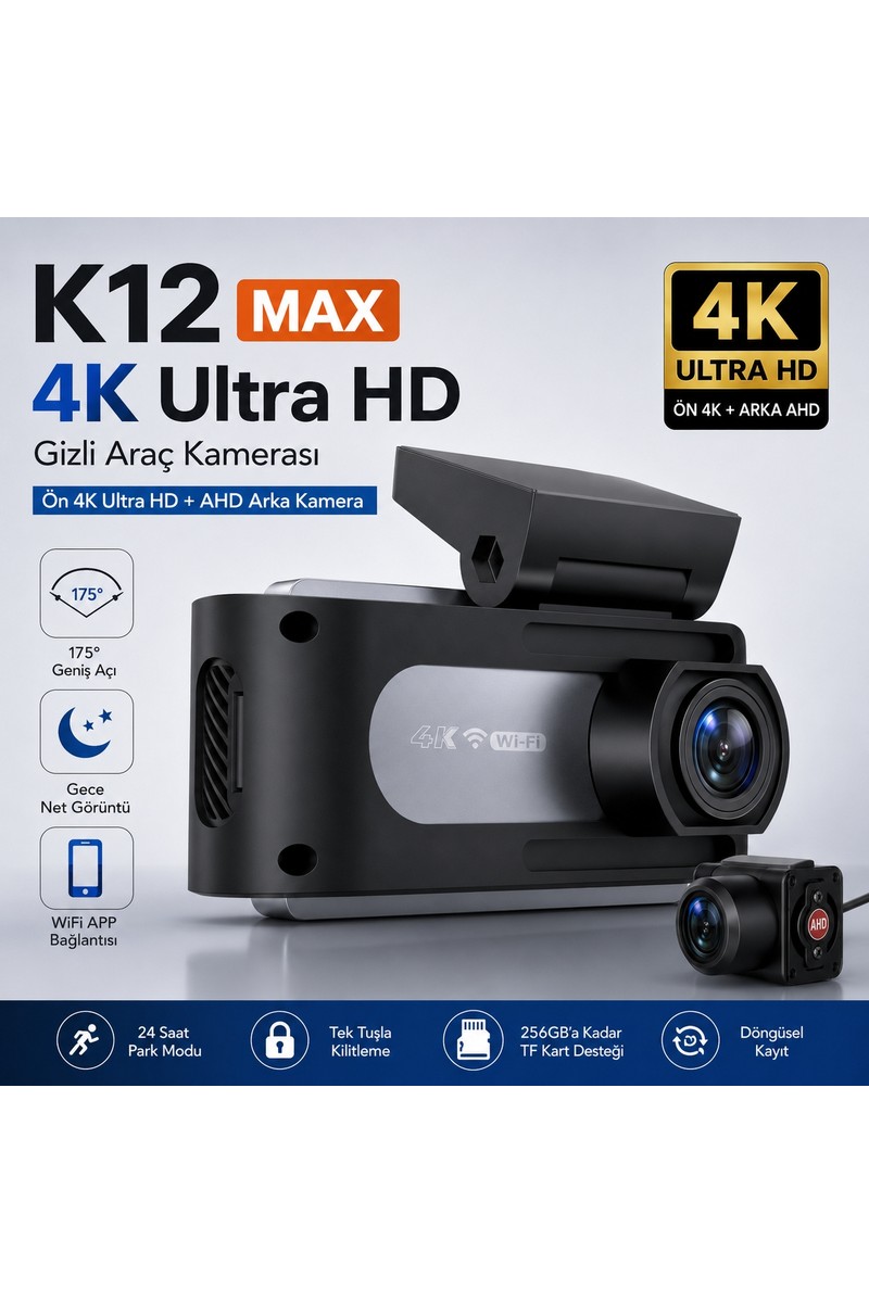 Conio K12 Max 4K Araç Içi Kamera – Ön 4K + Arka Hd Kayıt, Wifi Destekli, Gece Görüşlü, 24 Saat Park Modlu Gizli Araç Kamerası