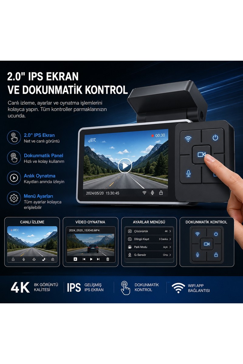 Conio Conio K12 Max 4K Araç Içi Kamera – Ön 4K + Arka Hd Kayıt, Wifi Destekli, Gece Görüşlü, 24 Saat Park Modlu Gizli Araç Kamerası — 2. ürün görseli