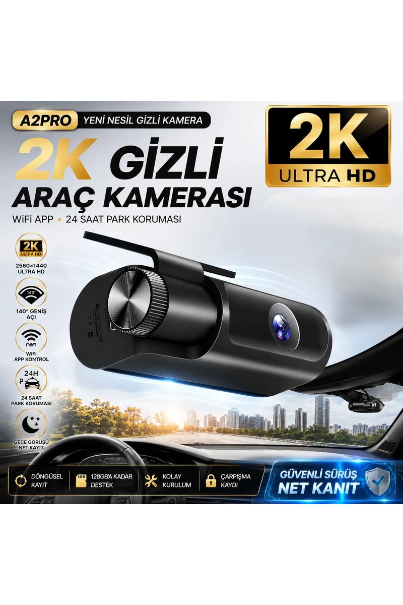 Conio Pasens A2PRO 2k Ultra Hd Araç Kamerası | Wifi App Kontrol, 24H Park Koruması, 140° Geniş Açı, Gece Görüşü