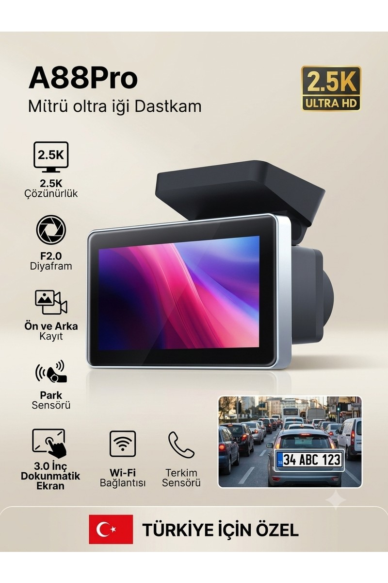 Conio Pasens A88 Pro 2.5k Ultra Hd Akıllı Araç Kamerası - Wi-Fi App Kontrollü, 3.0" Dokunmatik IPS Ekran, 1080P Arka Kameralı, 24 Saat Park Modu & Isıya Dayanıklı Havacılık Alüminyum Gövde