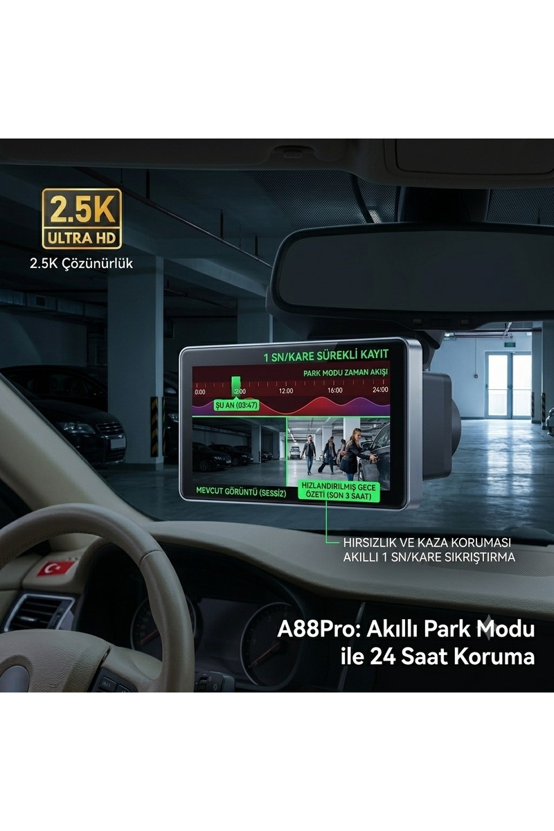 Conio Conio Pasens A88 Pro 2.5k Ultra Hd Akıllı Araç Kamerası - Wi-Fi App Kontrollü, 3.0" Dokunmatik IPS Ekran, 1080P Arka Kameralı, 24 Saat Park Modu & Isıya Dayanıklı Havacılık Alüminyum Gövde — 2. ürün görseli