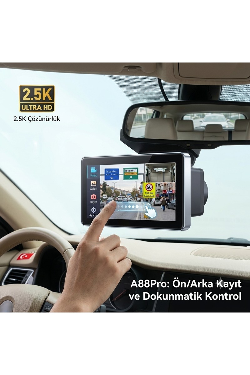 Conio Conio Pasens A88 Pro 2.5k Ultra Hd Akıllı Araç Kamerası - Wi-Fi App Kontrollü, 3.0" Dokunmatik IPS Ekran, 1080P Arka Kameralı, 24 Saat Park Modu & Isıya Dayanıklı Havacılık Alüminyum Gövde — 3. ürün görseli