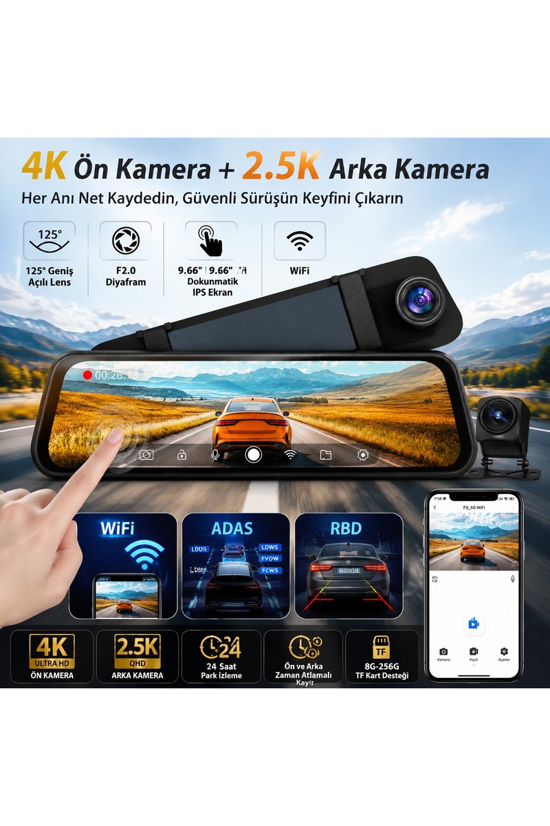 Conio PASENS Araç Dikiz Aynası Dvr – 4K Ultra Hd Ön + 1080P Arka Kamera, 10" IPS Dokunmatik Ekran, Wifi & App Kontrolü, Süper Gece Görüş, Bsd