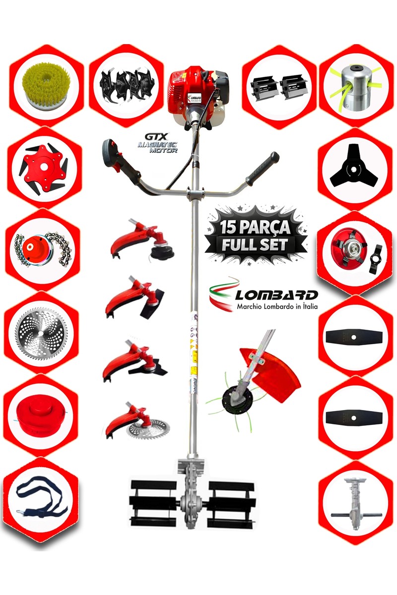 Cros Lombard İtaly Pro 860 Güçlü Performans Benzinli Yan Tipi Tırpan Ot Çim Çalı Biçme Makinası 15 Parça Full Set