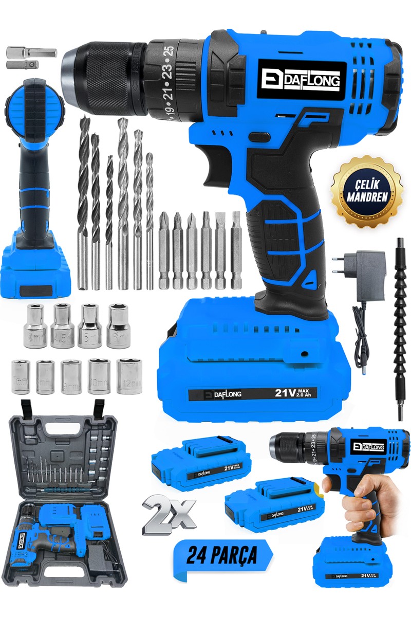 Daflong Daflong 21V Akülü Vidalama Çelik Mandrenli Şarjlı Matkap 2,9 Ah Li-on Akü Yüksek Tork ve Ergonomik — 4. ürün görseli