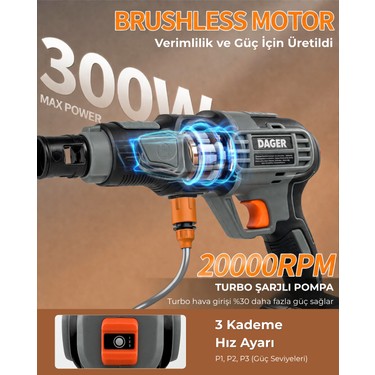 Dager Dager AQUA FORCE 21V Kömürsüz Şarjlı Yüksek Basınçlı Yıkama Makinesi Seti | Çift 4.0 Ah Akü + Köpük — 4. ürün görseli