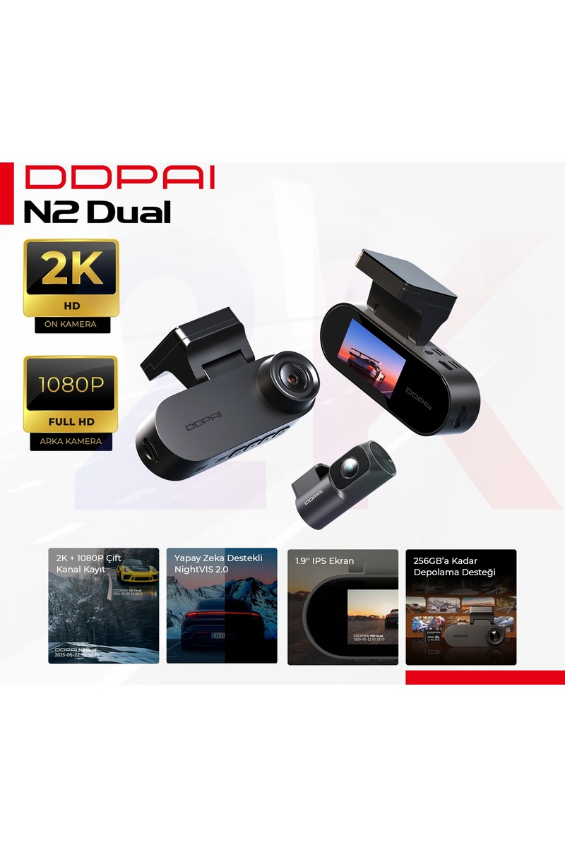 Ddpai Ddpai N2 Dual Araç içi kamera - 2K + 1080P Çift kanal kayıt - Yapay zeka destekli NightVIS 2.0 - 1.9'' IPS Ekran fiyatı ve görseli