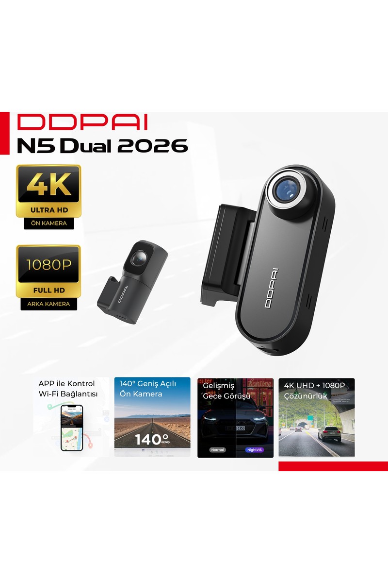 Ddpai N5 Dual 4K Araç İçi Kamera Siyah Hareketli Görüş Açısı ve Gece Görüş Özellikli