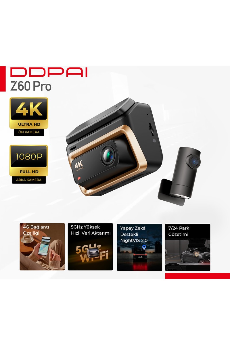 Ddpai Z60 Pro 4K UHD Araç Kamerası - 4G & 5GHz Wi-Fi - AI Gece Görüşü - 7/24 Park