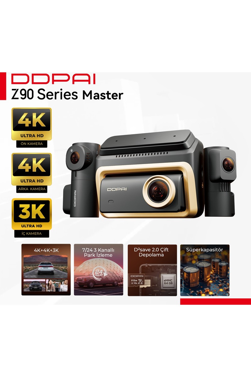 Ddpai Z90 Master 3 Kameralı Araç İçi Kamera 4K UHD Görüntü Kalitesi ve 360° Görüş Açısı